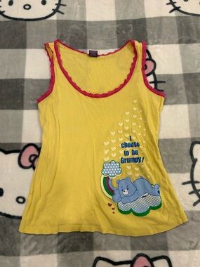 Vintage Care Bears Grumpy Bear Y2K Yellow Pink Lace Tank Top